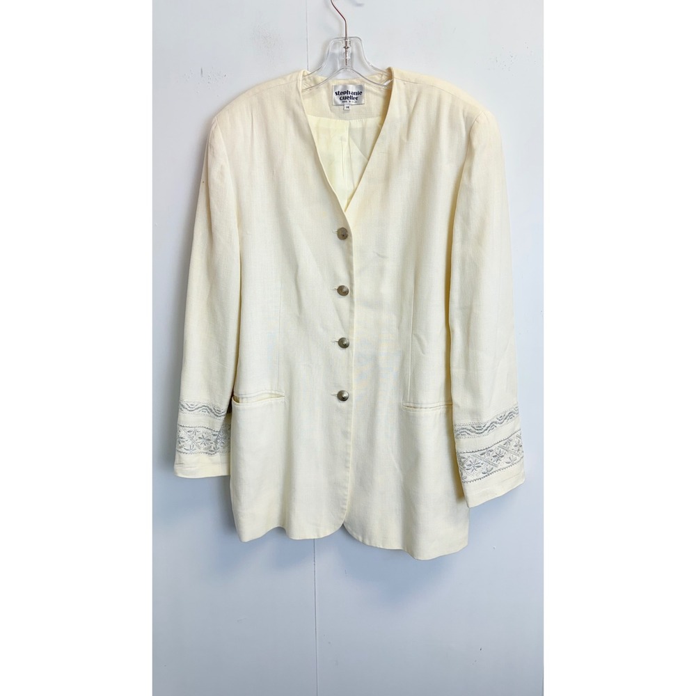 Stephanie Queller Vintage Cream Linen Blend Embroidered Blazer Jacket Womens 14